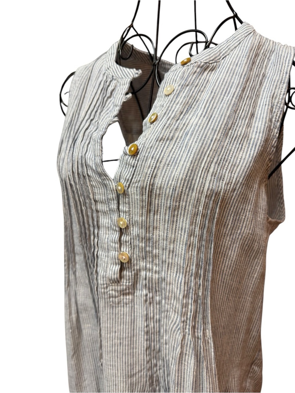 Quince Linen Sleeveless Striped Linen Tunic Dress - Blue Stripe - Picture 4 of 10